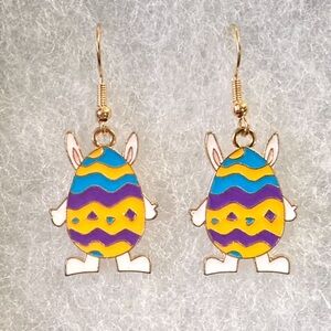 Colorful Bunny Easter Egg Enamel Gold Toned Earrings